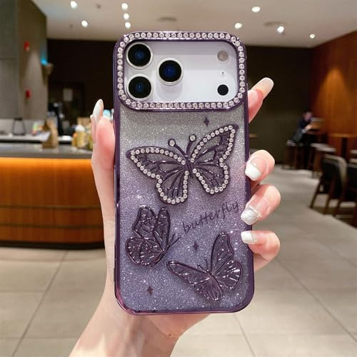 Emlivi Glitterfodral för iPhone Air, 3D-fjäril, bling, diamant, mobiltelefonfodral, transparent, TPU, stötfångare, färggradient, kameraskydd, stötsäkert skyddsfodral för iPhone Air, lila
