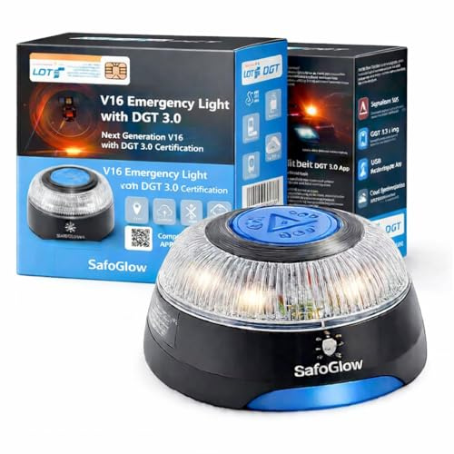 Safeglow Luce di emergenza V16 DGT – Triangolo di avvertimento – Triangolo di emergenza obbligatorio a partire dal 2026 Spagna – per auto e moto a motore (V16 Light con SIM - DGT 3.0)