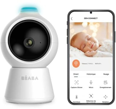 BÉABA Zen Smart AI - extra 360° Full QHD 4MP video babymonitor med artificiell intelligens, vändningsdetektering, nattsyn, mobil app, walkie-talkie, VOX, nattlampa