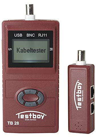 Testboy 28 Netzwerkverdrahtungstester (Mit übersichtlichem LC-Display, kann Kabelformate auf Unterbrechungen, Vertauschungen oder Kurzschlüsse überprüfen, mit Kabellängenmessung), Rot