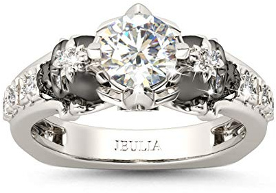 Jeulia 2 Carat Round Cut Diamond Skull Rings for Women Customized Bridal Sterling Silver TwoTone Wedding Band with European Shank Wedding Engagement Promise Rings for Her with GiftBox
