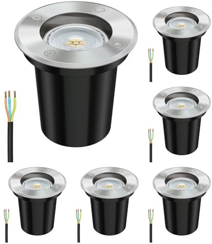 ledscom.de 6 uds. lámpara empotrada en el suelo BOLI para exterior redonda de acero inoxidable IP67 108mm Ø incl. lámpara LED (blanco cálido, 5,4W, 510lm, 45°)