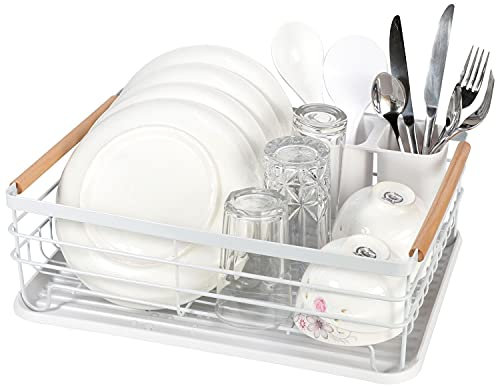 Vinsani Deluxe Dish Drainer Drying Rack with Wooden Handles Drip Tray Draining Board and Removable Cutlery Holder, Minimalist Dish Rack, 42.5 x 30.5 x 14cm (White)