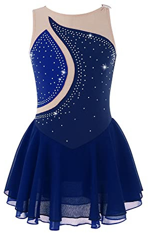 Alvivi Eiskunstlauf Kleid Mädchen Ballettkleid mit Strass Rollschuhkleid Wettbewerb Gymnastik Tanzkleid Gymnastik Turnanzug Dunkel Blau 134-140