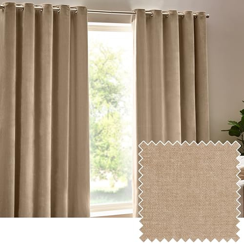 furn. Yard Heavy Chenille Eyelet Curtain Pair – Lined Room Darkening Soft Velvet Curtains (Natural - Width 168 x Drop 229cm)