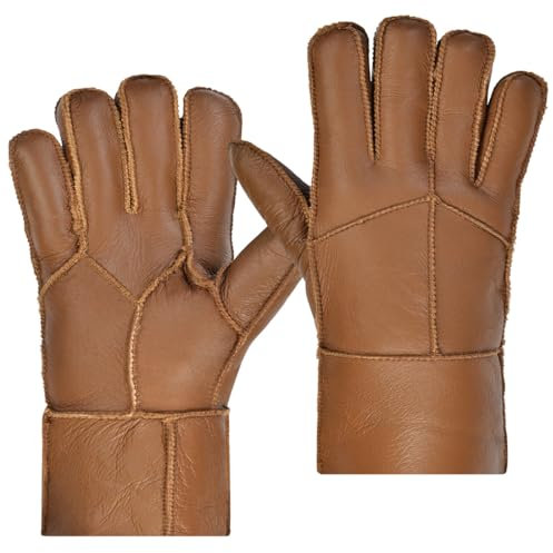 Harssidanzar Männer Shearling Handschuhe,Warme Winter Leder Shearling Schaffell Handschuhe KM056EU,Kaffee,Größe XL