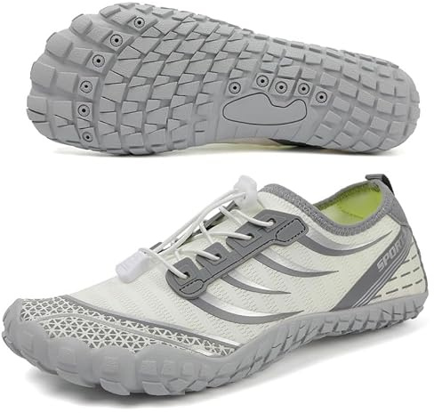 Unisex Zapatos Descalzos Hombre Mujer Zapatos de Agua Hombres Mujeres Barefoot Zapatillas Outdoor Secado Rápido Surf Calzado para Yoga Playa Transpirable Ligero y Antideslizante(Gris-Blanco 46EU)
