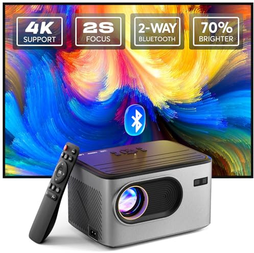 [2s fokus med fjärrkontroll] PANSEBA 4K-projektor, inbyggd 1080P Bluetooth-projektor, bärbar utomhusfilmprojektor, miniprojektor för hemmabio, kompatibel med smartphone, HDMI, USB, TV-sticka