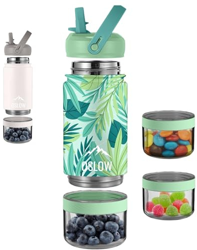 Gourde Isotherme avec Compartiment (300+115mL) – Bouteille d’Eau en Acier Inoxydable avec Paille & Anse – Idéal Pour le Sport – Boissons Chaudes & Froides – Sans BPA – gourde enfant - Thermos - Tropic