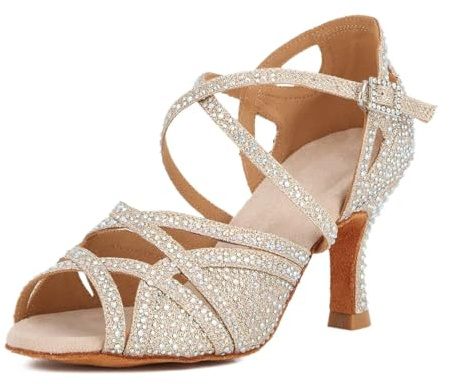 Syrads Donne Strass Scarpe da Ballo Sala Latino Salsa Danza Tacchi Scarpe Peep Toe Cross Strap Scarpe Donna,Oro 7.5cm Heel,38 EU