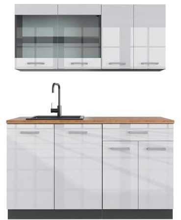 Vicco Küchenzeile R-Line, Weiß Hochglanz, 140 cm, AP Eiche, zur flexiblen Erweiterung mit weiteren Modulen geeignet