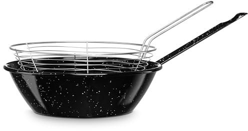 briebe Sartén Freidora con Cestillo Inducción 22 cm Acero Esmaltado, Sartén Honda Bordonada 1,7 L, Apta Vitrocerámica, Fuego, Gas, Horno, Levante Negro Jaspeado