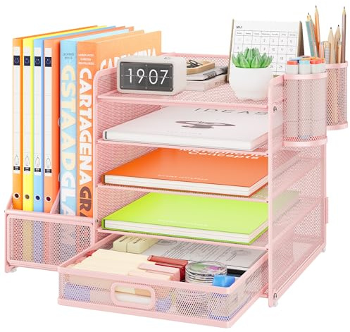VITVITI Robuste Organisateur de Bureau avec Porte-Documents, 5 Niveaux - Porte-Lettres avec Tiroir et 2 Porte-Stylos - Compartiments de Rangement en Maille pour Fournitures de Bureau, Rose