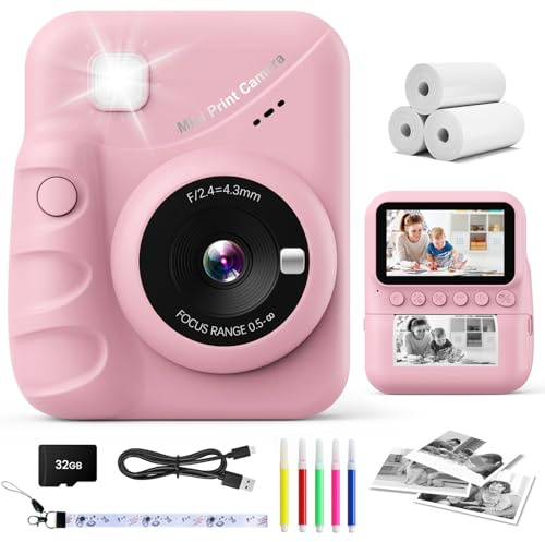 CalineGam Barnkamera direkttryck, 3,0 tum skärm 48 MP foto omedelbar kamera för barn med 32 GB kort, 1080P HD digital barn utskrivbar kamera, present till 3-12 år gamla flickor pojkar (rosa)