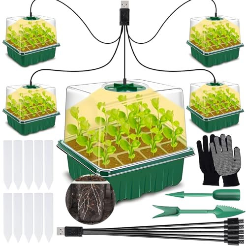 ZQEJEFD Mini Serre pour Plantes, Lot de 5 Mini Serres de Culture d'intérieur avec Lumière (Spectre Complet), Bac à Semis avec Couvercle Haut et Ventilation, 10 étiquettes, 2 Outils, 1 Paire de Gants
