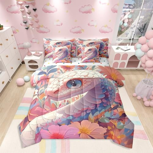Castle Fairy Kawaii Snake Comforter Set,Cartoon Tropical Animal 7 Piece Bed Set Twin Size for Kids,Watercolor Daisy Floral Bed in a Bag Bedding Set with Comforter,Sheet Set,Pillowcases,Pillow Covers