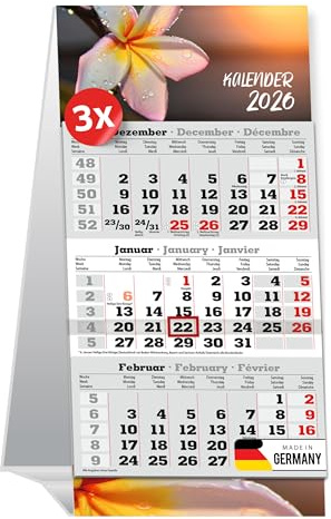 PRIMUS PRINT Calendario de mesa 2026-3 meses para colocar – Calendario de mesa, calendario de escritorio, calendario de pie, 95 x 194 mm, papel natural de 70 g, incluye deslizador de fecha [juego de 3