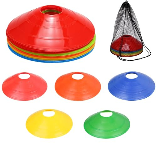 Conos Entrenamiento, Conos de Fútbol, 20 Piezas Conos De Disco para Entrenamiento, Conos Agilidad Redondos, 5 Colores Conos Marcadores con Bolsillos de Malla,para Entrenamiento para Marcado de Canchas