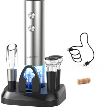 CIRCLE JOY Cavatappi elettrico per vino con stazione di ricarica, 6 in 1, set di apribottiglie ricaricabile, cavatappi in acciaio inox con tagliacapsule, aeratore per vino e 2 tappi sottovuoto