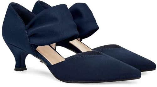 Coutgo Damen Niedrig Kitten Heel Kleid Schuhe Spitze Zehe Slip On Knöchelriemen Ausschnitt Elegante Party Hochzeit Pumps Marineblau 75