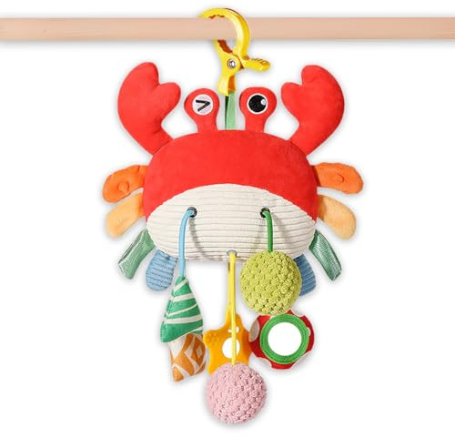 Vamotto Crab Car Seat & Stroller Toy for Babies 0-12 Months, Sensory Hanging Toy with Rattle, Mirror, Squeaker, Pull Strings, Fine Motor Skills Baby Gift for Newborn Infant Boy Girl