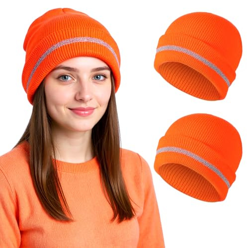 APLZGMG 2 stycken vintermössor för män, reflekterande stickade mössor unisex, mjuk mössa orange, vindtät utomhus vintermössa, säkerhetsmössor för män, varm och mysig stickad mössa