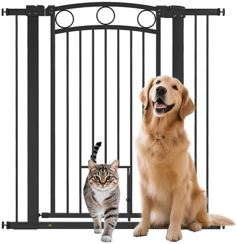 PawHut Griglia di protezione per porta cane, 76 – 104 cm, senza foratura, griglia per scale in acciaio, con porta per gatti, griglia di sicurezza per scale, porte, corridoi, colore nero