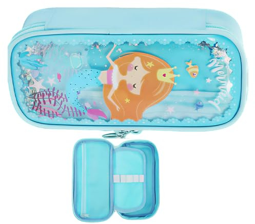 Cunegra Federmäppchen Mädchen im Meerjungfrauen-Design, Mäppchen Mädchen mit 3 Fächer, Großes Federtasche für Schule und Reise, Blaue Federmappe mit Große Kapazität, Meerjungfrau Schulsachen