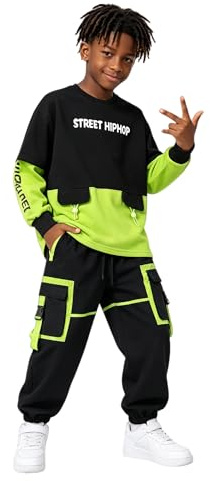 LOLANTA Completo Hip Hop da Bambino Tuta da Danza Street Oversize con Pullover a Blocchi di Colore e Pantaloni Cargo(Nero, 9-10 Anni, 140)