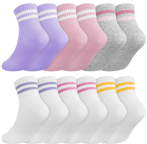 Zuimei 6 Pairs Kids Socks Girls Cotton School Sport Sock | Soft Breathable Cotton, Heart Striped Design, Stretch Ribbed Cuff, Athletic Crew Sock for School, Sports and Daily Wear