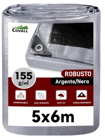 COVALL Lona Impermeable Exterior con Ojales, Resistente al Desgarro, Intemperie y Anti-UV, Funda Protectora Multiusos para Madera, Jardín, Piscina y Remolque, 155 g/m², Gris-Negro, 5x6 m