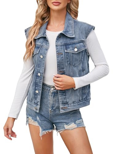 KBOPLEMQ - Chaleco de mezclilla sin mangas para mujer, estilo vintage, denim, con desgastes y roturas, estilo universitario, casual, para primavera y verano, biker, motociclista, chaqueta de