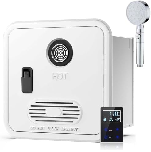 Scaldabagno Senza Serbatoio Per Camper, 55.000 Btu A Gas Propano Istantaneo Con Telecomando, 2,9–3,9 Gpm (11–14,8 L/Min) Flusso Continuo, 12v Cc Per Camper, Roulotte(White,With Shower)