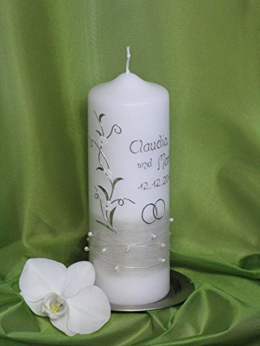 edle Hochzeitskerze mit Perlen 20 x 7 cm ; inkl. Beschriftung ! H-15