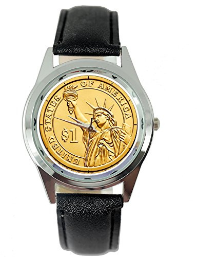 TAPORT® USA Gold State of Liberty Dollar Münze Quarz Runde Uhr Schwarz Echtleder Band, Gurt