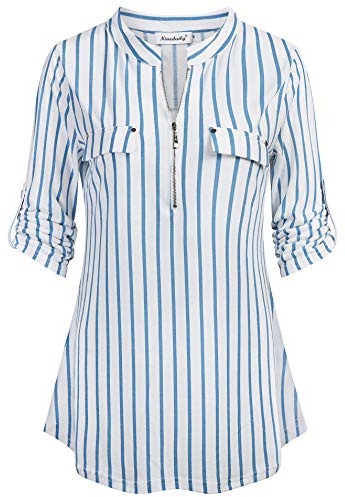 Ninedaily Stand Collar Blouse Women, Curved Hem Long Sleeve Business Career Ladies Tops Turn-Down Collar Office Blouse Misses Work Tunic Shirts,XL