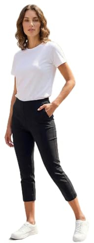 Roman Cropped Trousers for Women UK Ladies Capri Leggings Summer Pants Short Crop Stretch 3/4 Length Three Quarter Pedal Pusher Clothes Elasticated Bengaline Cut Off - Black - Size 16