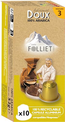 CAFÉS FOLLIET - Café En Capsule - Infiniment Doux - Compatible Nespresso - Torréfaction traditionnelle - Intensité 3/10-100% Arabica - Café vert - 10 Capsules