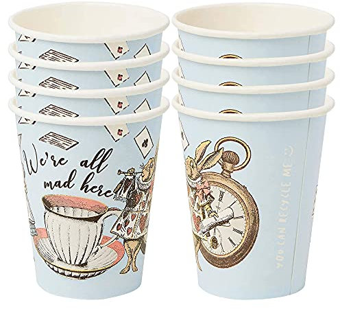 Confezione da 8 bicchieri di carta Alice nel paese delle meraviglie | Stoviglie monouso, riciclabili | Forniture per feste da tè Cappellaio matto, compleanno, tè pomeridiano, festa della mamma