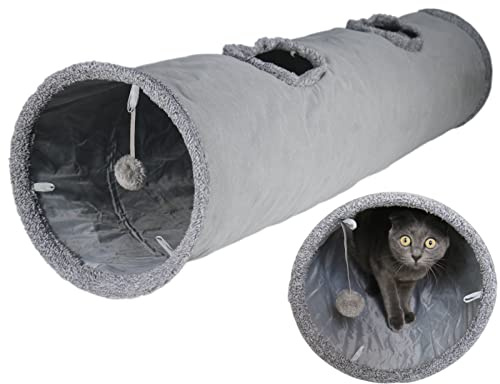 Terunat Cat Tunnel for Indoor Cats, 51×12 inch Foldable Big Cat Tunnel, Grey Suede Pet Tunnels with Two Peepholes and a Bubble Ball