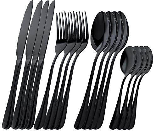 OBR KING Besteck Set Schwarz 16-teilig Besteckset aus 18/0 Edelstahl, Cutlery einschließlich Messer Gabeln Löffel und Kaffeelöffel, hochglanzpoliertes Bestecksets 4 Personen, Spülmaschinenfest
