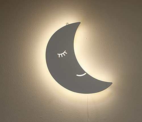 Marco Paul Modern Wooden Moon White LED Night Light Battery Powered Night Light Kids Room Decor Wall Lights Wall Mounted Nursery Bedside Lamp Baby Gifts Bedroom Decor Lighting