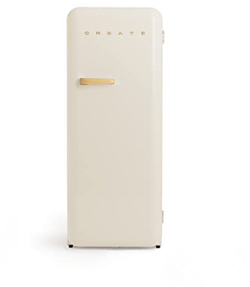 CREATE / RETRO FRIDGE 150 WOOD/Réfrigérateur blanc cassé avec poignée en bois et congélateur 281L / 102W, faible consommation, 150 cm, 3 étagères, régulateur de température, 60x60x150 cm