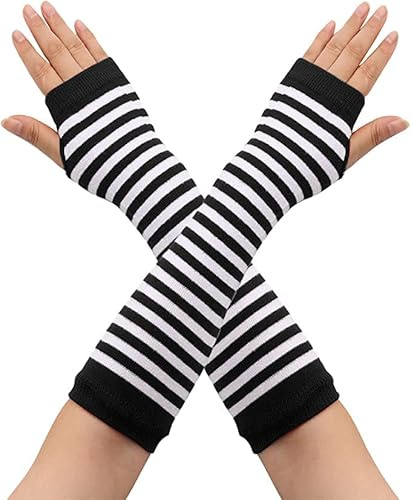 Andiker Guanti a manica lunga senza dita per donna, scaldabraccia in maglia a righe elasticizzata Guanti con foro per il pollice