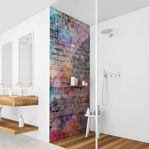 Duschrückwand Steinoptik - Bunte Shabby Backsteinwand, Badrückwand Hartfolie Smart Glanz 0,35 mm, 1-teilig 200x80 cm