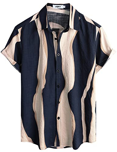 VATPAVE Mens Hawaiian Shirt Short Sleeve Button Down Shirts L Navy Beige
