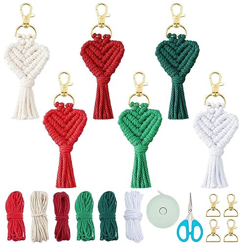 FREEBLOSS Kit de 6 Porte-Clés en Macramé Noel Porte-clés Cœur en Corde de Coton Kit de DIY Bohème en Macramé pour Clés, Portefeuille, Sac à Main, Téléphone
