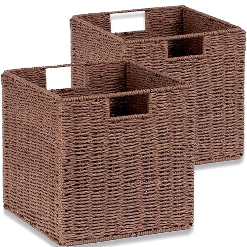 Aluusy Korb Aufbewahrung Geflochten 2er Set Handgewebte Faltbar Aufbewahrungskörbe mit Griffen, 28x28x28cm Groß Flechtkorb für Bad, Regal, Küche, Schlafzimmer, Lernen, Wohnzimmer (Walnussfarbe)