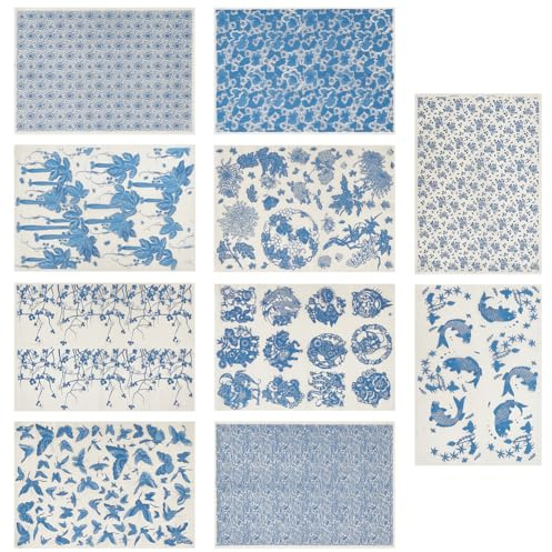 WEBEEDY 10 Styles Underglaze Transfers Ceramic Decals Blue Pattern Porcelain Ceramic Clay Glaze Transfer Paper Sheets for Pottery Art Overglaze Enamel Decal Waterslide Decal