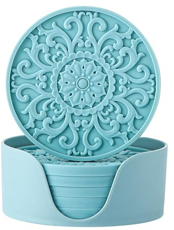Colinda Silicone Coasters - Set of 6 with Holder, Non-Slip Cup Mats for Hot and Cold Drinks, Decorative Designs, Gift Ready Packaging,Turquoise